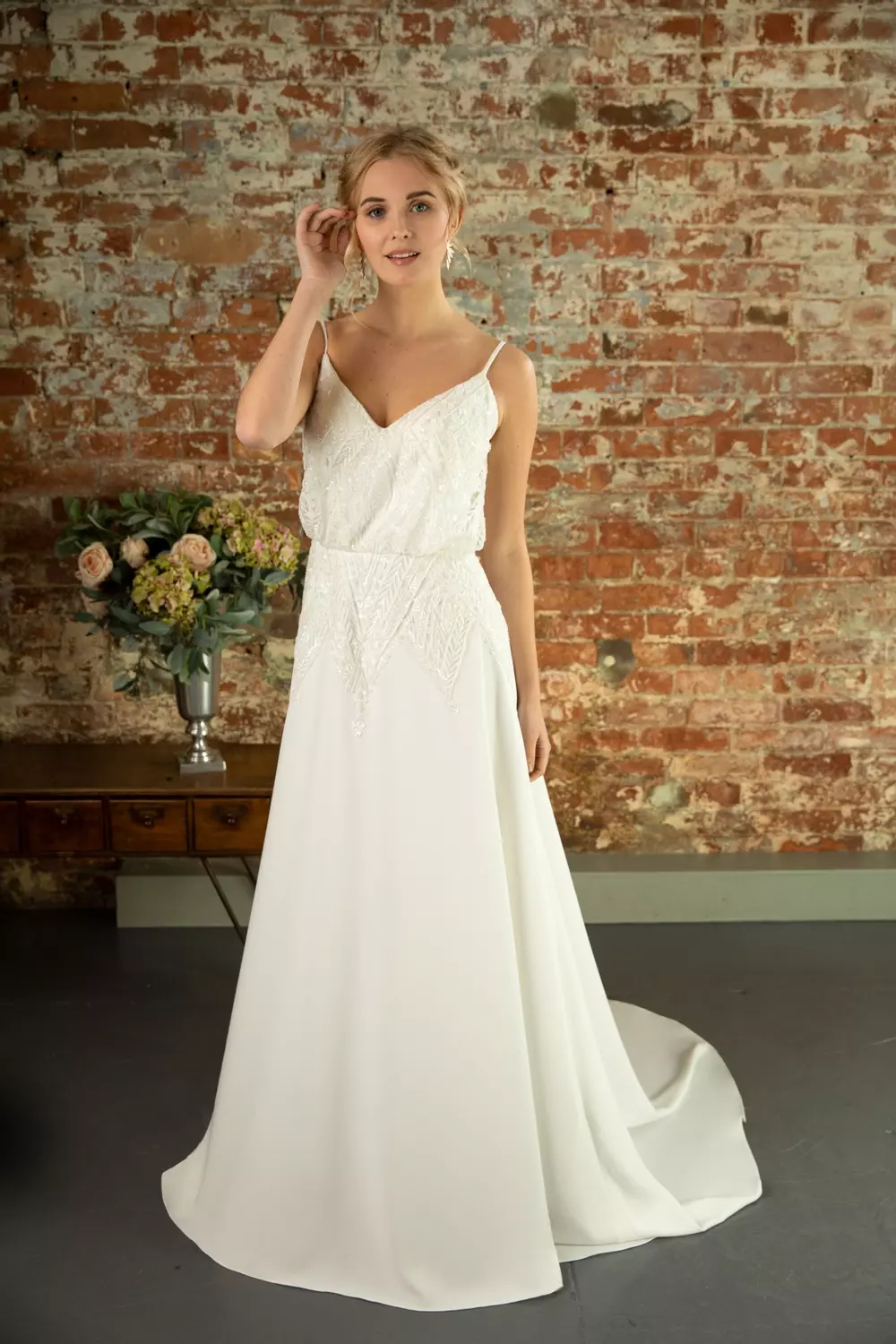 Genevieve W381 | Beaded Modern Crepe Wedding Dress | True Bride