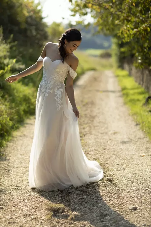 Off Shoulder Crepe Wedding Gown Modern Bride Style Gathered Elegant Bo –