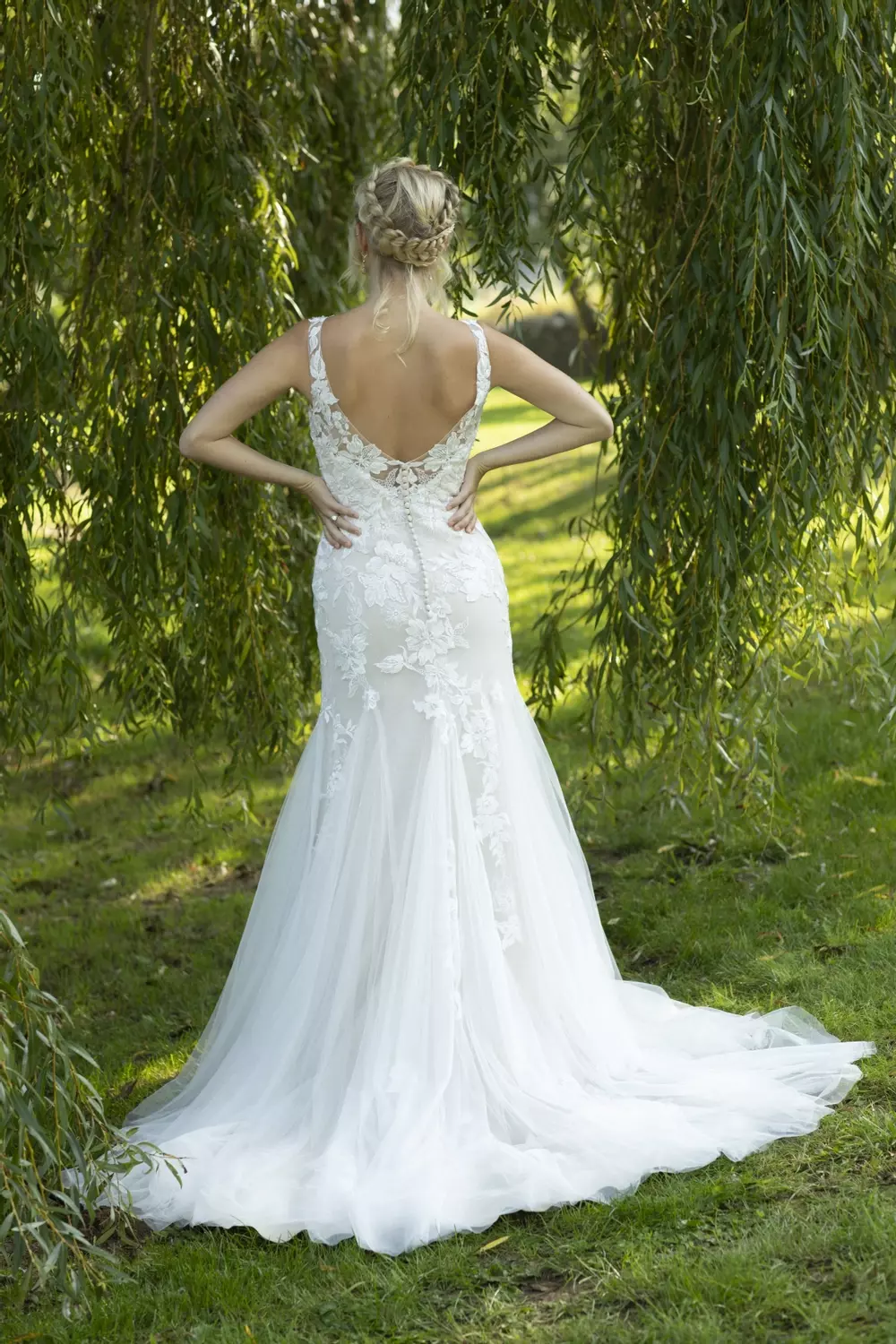Scarlett W393 | Fit-and-Flare Plunge Lace Wedding Dress | True Bride